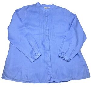 LLBean Womens 2X REG Blue 100% Linen Band Collar Tunic Shirt
